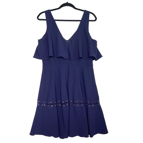 Belle Badgley Mischka‎ Size 10 Navy Blue Dress Lace Up Ruffle Hem - Picture 3 of 10